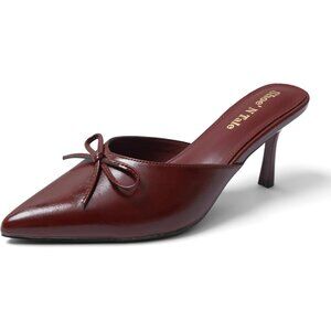 Women's Burgundy Kitten Heels Bow Heeled Sandals Closed Pointed Toe Slip On